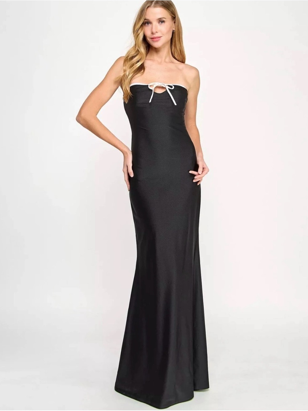 City Triangles Black Strapless Gown with White Bow Detail
